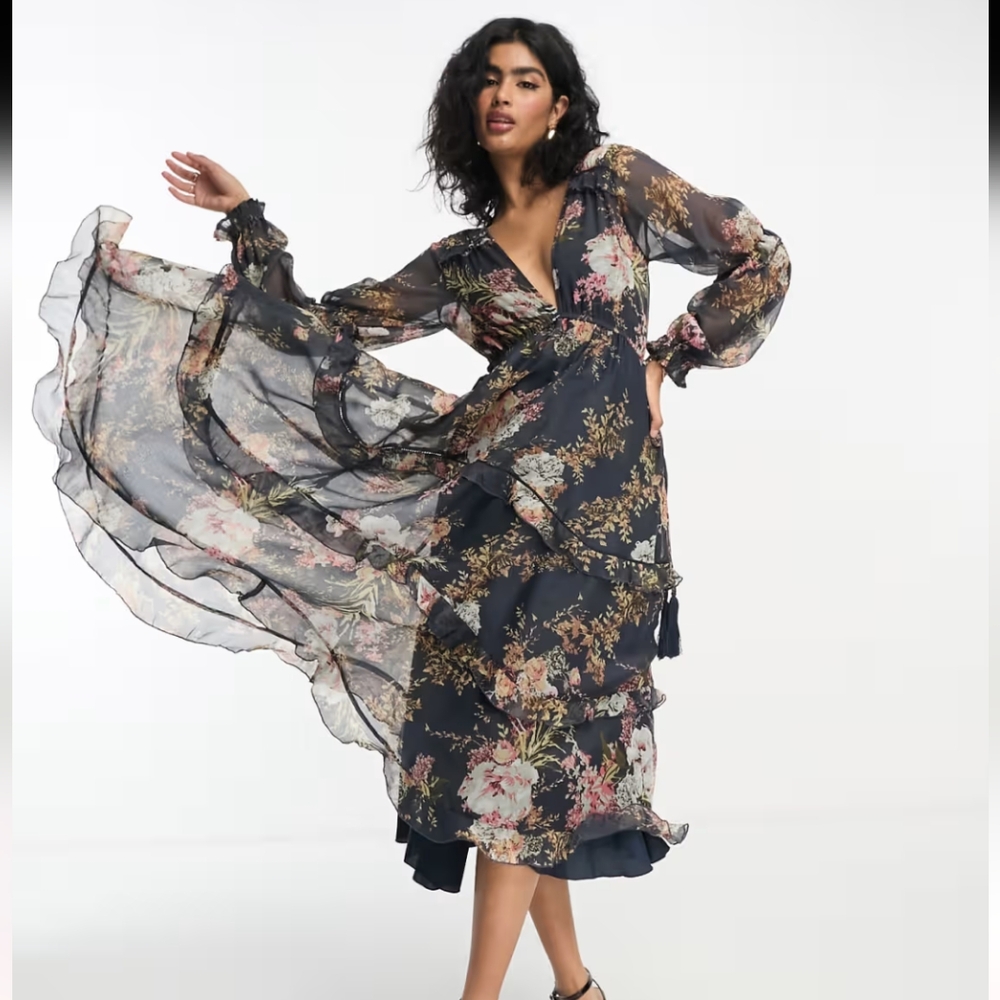 ASOS DESIGN Curve ruched tiered midi dress in floral print with lace trim